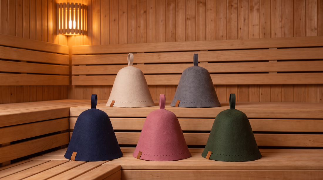 Five sauna hats arranged on cedar benches inside a wide, warmly lit Finnish sauna