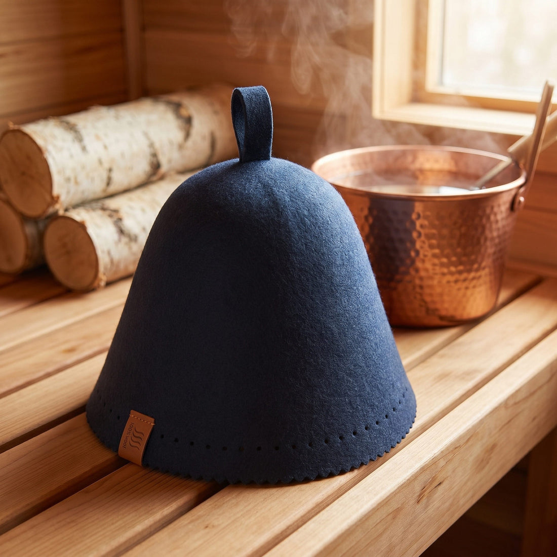 Navy sauna hat standing on a cedar bench with birch logs and a hammered copper bucket