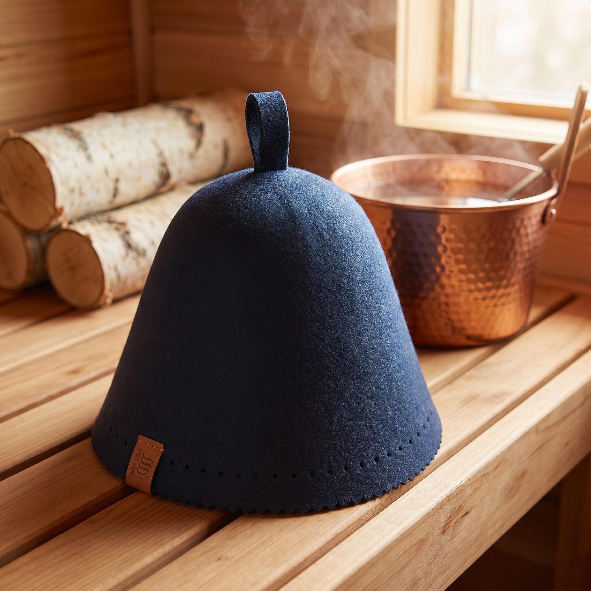 Navy sauna hat standing on a cedar bench with birch logs and a hammered copper bucket